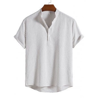Men's beige short sleeve pleated shirt in relaxed fit, featuring a classic collar and button-up front, ideal for summer wear.