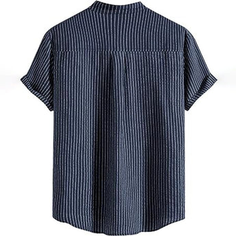 Beige men's short sleeve pleated shirt with a collar and button front, designed in a relaxed fit for summer wear.