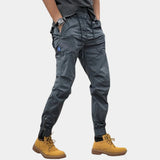 Beige men's slim fit cargo pants with multiple pockets, designed for outdoor wear, showcasing a stylish and functional look.