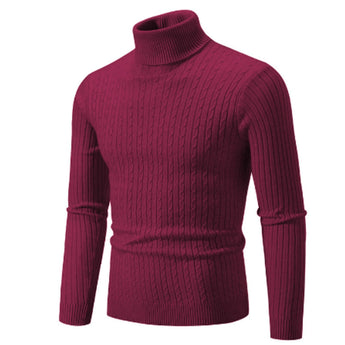 A Bordeaux red XXL men's slim fit wool turtleneck sweater featuring long sleeves and a high collar, showcasing a classic winter fashion pullover style.