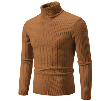 A beige men's slim fit wool turtleneck sweater in a winter fashion style, shown in a brown color and XXL size, featuring long sleeves and a high neck collar.
