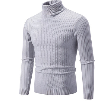 Men's gray XXL slim fit turtleneck sweater made of wool, featuring long sleeves and a high collar, designed for winter fashion.