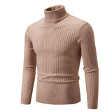 A close-up image of a beige men's slim fit wool turtleneck pullover in size XXL, showcasing the long sleeves, snug collar, and tailored fit, suitable for winter fashion.