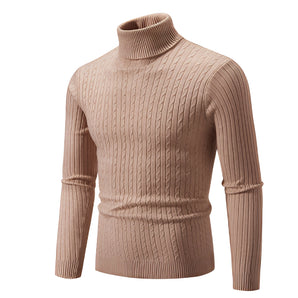 A close-up image of a beige men's slim fit wool turtleneck pullover in size XXL, showcasing the long sleeves, snug collar, and tailored fit, suitable for winter fashion.