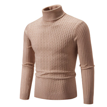 A close-up image of a beige men's slim fit wool turtleneck pullover in size XXL, showcasing the long sleeves, snug collar, and tailored fit, suitable for winter fashion.