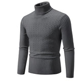 Dark gray men's slim fit wool turtleneck sweater, showcasing a winter fashion pullover style with long sleeves and a high neck collar.