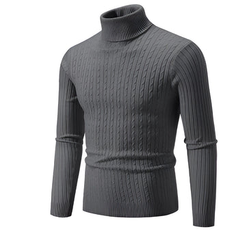Dark gray men's slim fit wool turtleneck sweater, showcasing a winter fashion pullover style with long sleeves and a high neck collar.