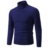 A dark blue men's slim fit wool turtleneck sweater with long sleeves and a high collar, suitable for winter fashion.