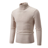 Men's beige wool turtleneck pullover in khaki color, showcasing a slim fit design suitable for winter fashion; features long sleeves and a high collar, designed in size XXL.