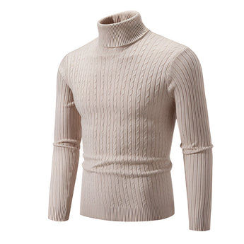 Men's beige wool turtleneck pullover in khaki color, showcasing a slim fit design suitable for winter fashion; features long sleeves and a high collar, designed in size XXL.