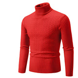 A red XXL men's slim fit wool turtleneck pullover with long sleeves, featuring a high neck collar, part of a winter fashion collection.