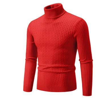A red XXL men's slim fit wool turtleneck pullover with long sleeves, featuring a high neck collar, part of a winter fashion collection.