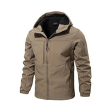 Beige men's waterproof breathable jacket in a khaki color, size 2XL, featuring long sleeves, a collar, and pockets, designed for outdoor adventure wear.