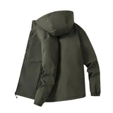 Men's beige waterproof jacket designed for outdoor adventures, featuring long sleeves, a protective collar, buttons, and multiple pockets for convenience.