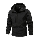Black men's waterproof breathable jacket designed for outdoor adventure, featuring long sleeves, a collar, and pockets.