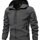 Gray men's waterproof breathable jacket designed for outdoor adventures, featuring a high collar, long sleeves, and two front pockets, worn by a model.