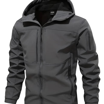 Gray men's waterproof breathable jacket designed for outdoor adventures, featuring a high collar, long sleeves, and two front pockets, worn by a model.
