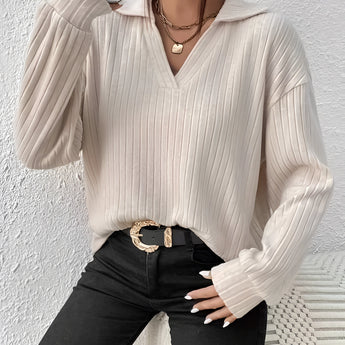 Beige oversized chunky knit sweater with a prominent collar, designed for women's winter casual wear in an apricot color, size XL.