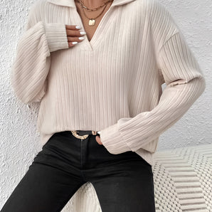 Women's beige oversized collar chunky knit sweater with long sleeves and a loose fit, perfect for casual winter wear.