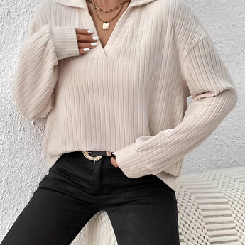 Women's beige oversized collar chunky knit sweater with long sleeves and a loose fit, perfect for casual winter wear.