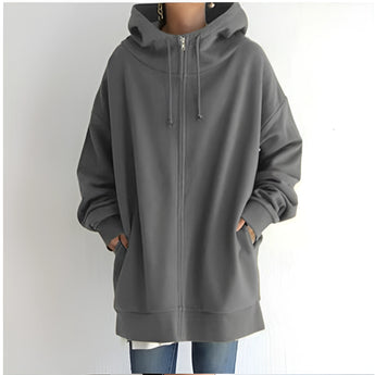 Women's gray oversized zip-up hoodie dress in 2XL, featuring long sleeves, a relaxed fit, and pockets.