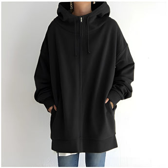
A black oversized zip-up hoodie dress featuring long sleeves, a collar, and waist pockets, designed for women's autumn wear in size 2XL.
