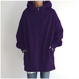 Violet oversized zip-up hoodie dress with pockets for women, featuring long sleeves and a comfortable jersey material, suitable for autumn wear.