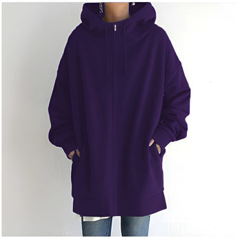 Violet oversized zip-up hoodie dress with pockets for women, featuring long sleeves and a comfortable jersey material, suitable for autumn wear.