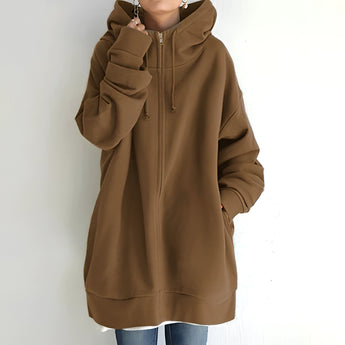 Brown oversized zip-up hoodie dress for women in 2XL, featuring a beige hue, with visible shoulder and sleeve details, a collar, and functional pockets suitable for autumn wear.