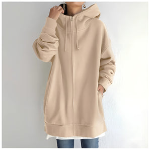 Beige oversized zip-up hoodie dress for women, featuring a khaki color in size 2XL, with a comfortable and casual design suitable for autumn wear, includes long sleeves, a hood, and functional pockets.