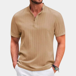 Beige ribbed men's slim fit polo shirt with short sleeves and a collar, designed for a comfortable and breathable fit, ideal for casual summer wear.