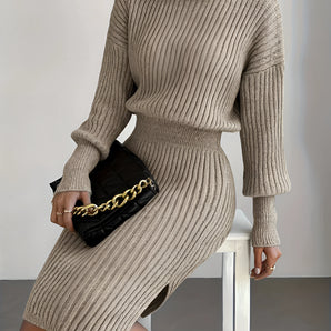 Beige ribbed turtleneck midi dress made from wool, showcasing a winter fashion statement with long sleeves and a fitted silhouette.