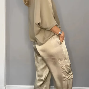 Beige Satin Cargo Pants - Women's Loose Fit Silk Trousers