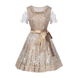Beige satin flower girl dress featuring intricate embroidery, a bow at the back, and a sophisticated day dress design suitable for formal occasions.