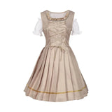 Beige satin embroidered flower girl dress featuring a bow back, golden in color, in size 2XL. The dress has a classic day dress style with a round neckline, short sleeves, and a fitted waist.