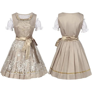 Beige satin flower girl dress with embroidered details, featuring a bow back, short sleeves, and a round neckline.