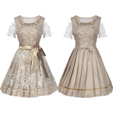 Beige satin embroidered flower girl dress featuring a bow back, with short sleeves and a round neckline, designed for formal occasions.
