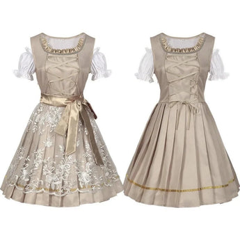 Beige satin embroidered flower girl dress featuring a bow back, with short sleeves and a round neckline, designed for formal occasions.