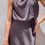 Elegant beige sleeveless backless midi dress designed for weddings and cocktail events, shown in espresso color and 3XL size, featuring a fitted waist and sophisticated fashion design.