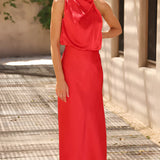 Red sleeveless backless midi dress in 3XL, featuring a fitted waist and elegant design suitable for weddings and cocktail parties.