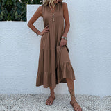 Beige sleeveless button-front midi dress featuring a flowy design, suitable for summer fashion, shown in a brown color, size XL.