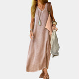 Beige sleeveless linen maxi dress in an elegant A-line silhouette, featuring a rose color in size 3XL, perfect for summer outings.