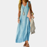Blue sleeveless linen maxi dress in an elegant A-line silhouette, suitable for summer wear, size 3XL.