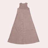 Beige sleeveless linen maxi dress with an elegant A-line silhouette, suitable for summer.