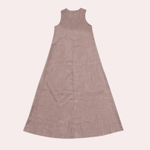 Beige sleeveless linen maxi dress with an elegant A-line silhouette, suitable for summer.