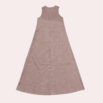 Beige sleeveless linen maxi dress with an elegant A-line silhouette, suitable for summer.