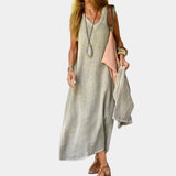 Beige sleeveless linen maxi dress with an A-line silhouette, designed as an elegant summer gown in a khaki color, size 3XL.