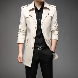 Beige slim fit double-breasted men's designer trench coat with a classic collar, fashionable design, and button details, shown in size 2XL.