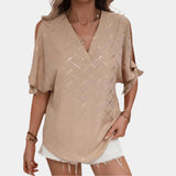 Beige split-sleeve V-neck blouse with metallic thread, shown in brown XL, featuring stylish casual chic design perfect for summer.