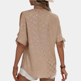 Beige split-sleeve V-neck blouse with metallic thread, featuring a casual chic summer design.